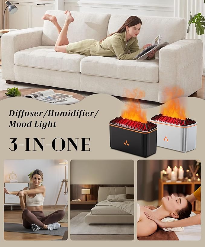 Essential Oil Diffuser, Fireplace Flame Aromatherapy Diffuser, 7 Color Changing Light, Aromatherapy Humidifier with Auto Shut-Off for Home, Bedroom, Yoga, Spa(White)
