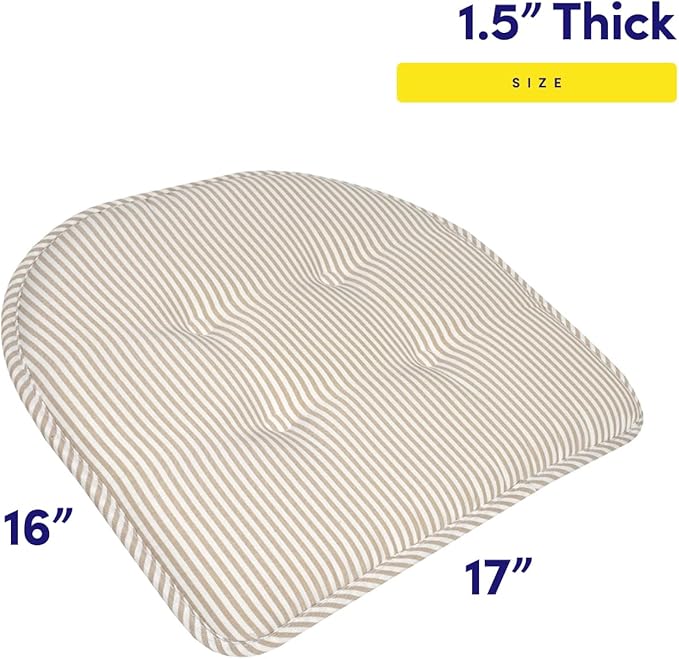 Sweet Home Collection Chair Cushion Memory Foam Pads Tufted Slip Non Skid Rubber Back U-Shaped 17" x 16" Seat Cover, 2 Count (Pack of 1), Pinstripe Taupe