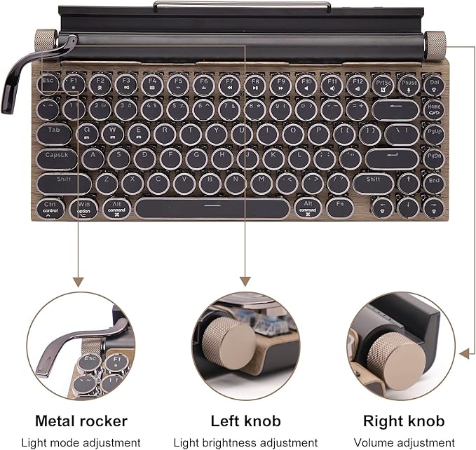 Retro Mechanical Keyboard, Punk Bluetooth Wireless & Wired, 75% Layout, LED Backlit, Round Keycaps, 83 Keys, for iOS/Android/Windows/Mac/iPad, Wood Color