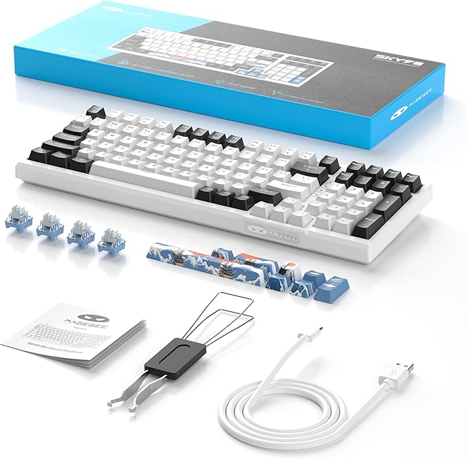 MageGee SKY98 Wireless Gasket Mechanical Gaming Keyboard, 96% Hot Swappable RGB Custom Creamy Keyboard with 5-Layer Sound Padding, BT/2.4G/USB-C, NKRO for Win/Mac (Waves, Blue Whale Switch)