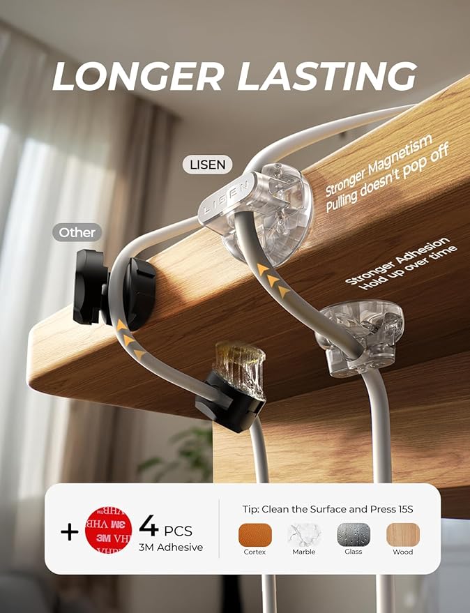 8-Pack Magnetic Cable Clips [1S Snap-On] Cord Holder, LISEN Desk Organizers and Accessories with 4 Extra Strong Adhesive Pads, Wire Organizer for Nightstand, Home, Wall, Car, Desktop,Transparent