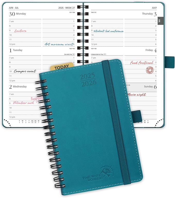POPRUN Pocket Planner 2025-2026 (Purse Size 4'' x 6.25'') Academic Small Calendar (July 2025 - June 2026) with Hourly Time Slots, 100GSM Thick Papers, Spiral Leather Cover - Pacific Green