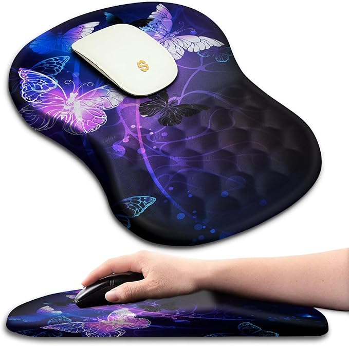 Ergonomic Mouse Pad with Wrist Rest Support, Massage Design Mouse pad Relief Carpal Tunnel Pain, Entire Memory Foam Non-Slip Mouse Pad, Computer Mouse Pads for Wireless Mouse Pad, Cool Butterfly
