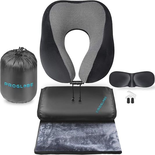 Proglobe Travel Blanket Luxury Travel Set - Ergonomic Airplane Neck Pillow 100% Pure Memory Foam and Super Soft Fleece Blanket - Premium 3D Sleep Mask & Earplugs - Ultimate 4-in-1 Traveling Kit Black