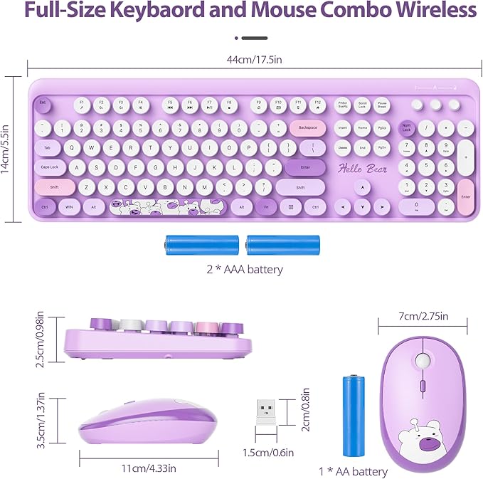 Fogruaden Wireless Keyboard and Mouse Combo 2.4GHz Retro Typewriter Keyboard, 104 Keys Full Size Round Keycap Cute Keyboard and Mouse with Number Pad, Purple Colorful Keyboard for Windows PC Laptop