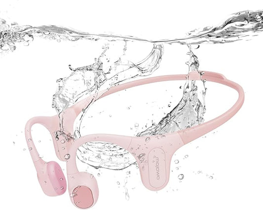 Run Plus Bone Conduction Headphones, IP68 Waterproof Swimming Headphones, Open Ear Bluetooth Headphones with Mic and 32GB MP3, Wireless Sports Headphone for Running, Swimming, Cycling, Pink