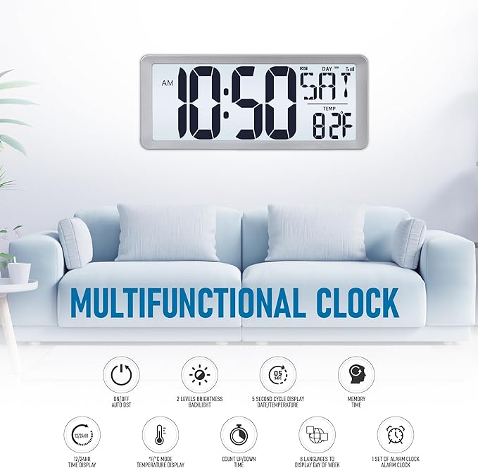 TXL Silver Large Digital Wall Clock with Backlight, 14.2" Battery Operated Alarm Clock with Day, Date & Temperature, Large Wall Clock for Classroom,Bedroom, Livingroom, Office，（Battery Included）