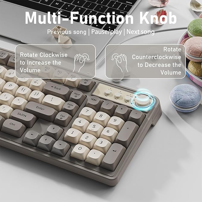 EWEADN G98 RGB Gaming Keyboard Wired, Retro Creamy Membrane Keyboards with Media Knob, Number Pad RGB Backlit, 98 Keys Quite Membrane Computer Keyboard for MAC Xbox PC Gamer - White&Grey