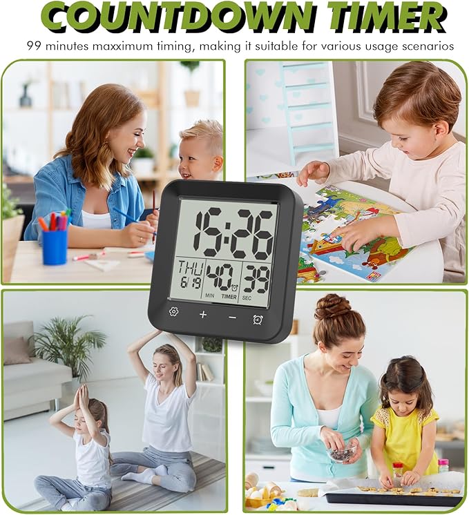 Shower Clock Waterproof Bathroom Timer, Digital Wall Clock with Countdown, Touch Screen, Temperature, LCD Display, Suction Cup Hanging Hole Stand for Kids and Adults