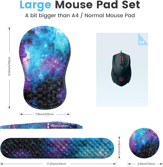 HAOCOO Ergonomic Mouse Pad with Wrist Rest, Keyboard Wrist Rest Pad, 3 PCS Computer Mouse Pad Sets for Desk, Memory Foam Mousepad with Wrist Support for Office Gaming Laptop, Galaxy Purple