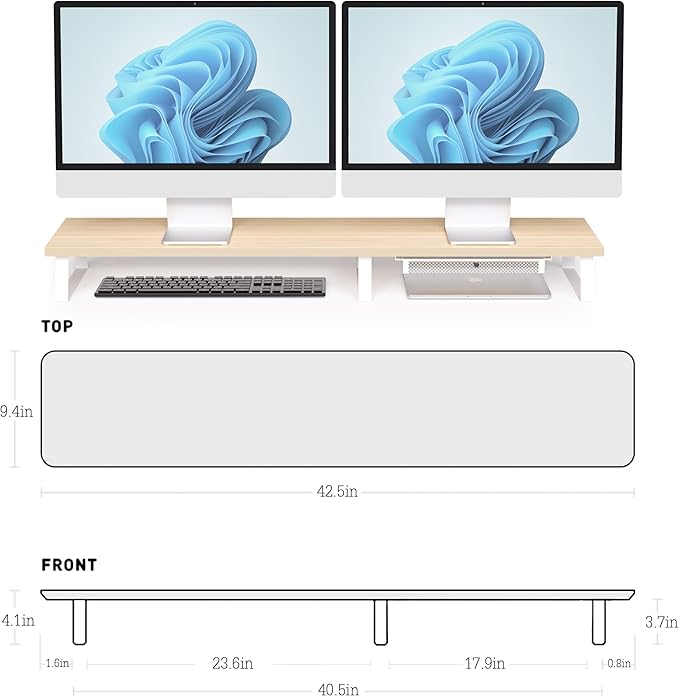 Large Dual Monitor Stand Riser - Monitor Stand for 2 Monitors, Wooden Computer Stand For Desk with Metal Legs, Desk Organizers and Storage With Drawer, Desk Shelf for Computer/Laptop/Printer/TV, Oak
