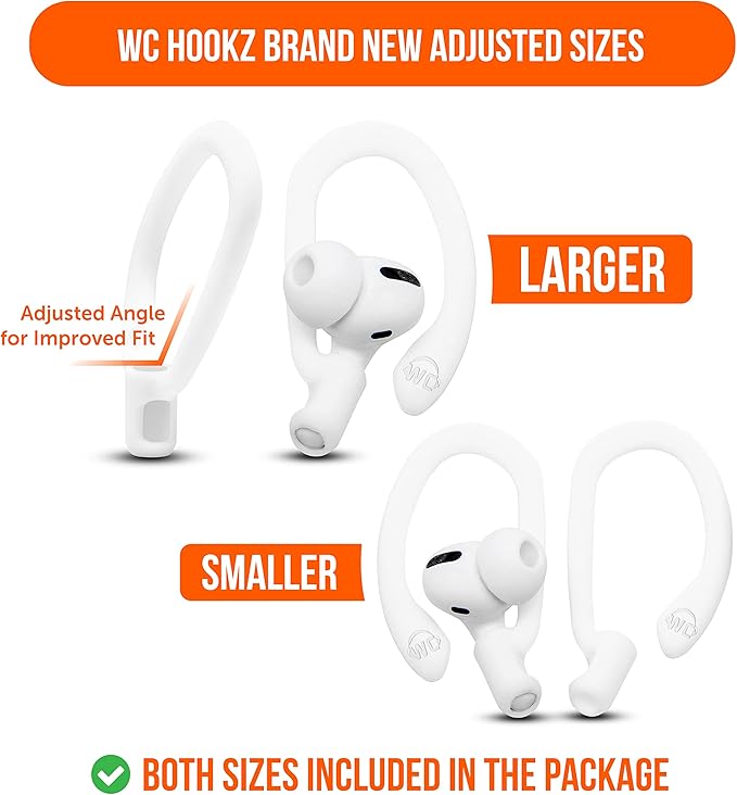WC HookZ - Patented Upgraded Over Ear Hooks for AirPods Pro 1, 2 & AirPods 1, 2 & 3- Two Size Pairs Included in Package, Unique Left & Right Hook, Made by Wicked Cushions | Winter White