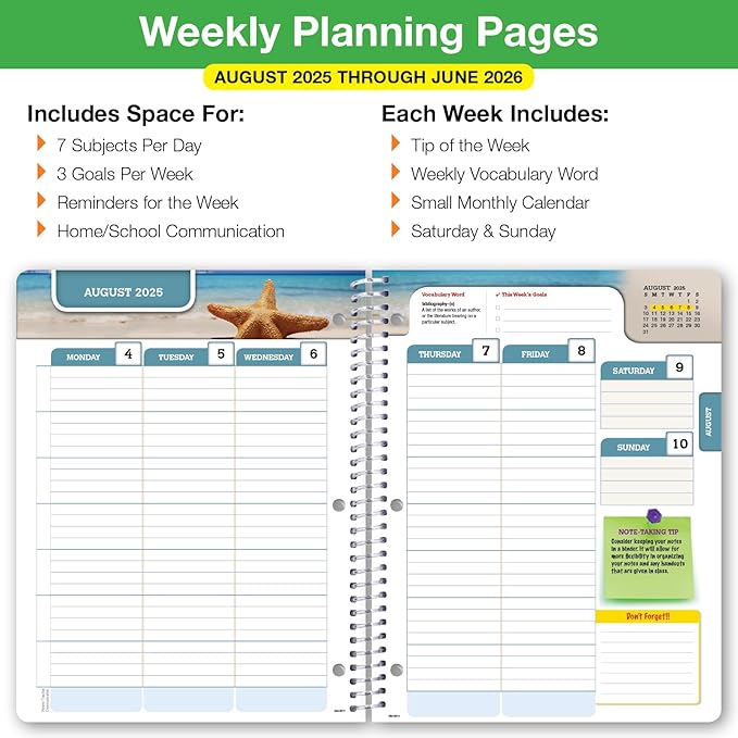Global Datebooks Dated Middle School or High School Student Planner for Academic Year 2025-2026 Includes Ruler/Bookmark and Planning Stickers (Matrix Style - 8.5"x11" - Spectrum)