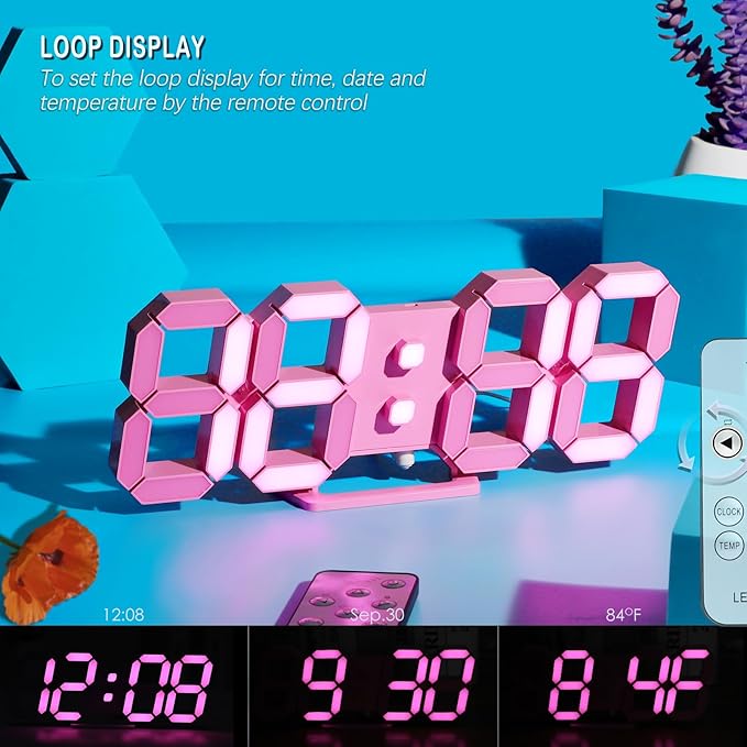 KOSUMOSU Pink LED Clock 3D Wall Clock 9.7" Table Clock for Living Room Modern Digital Clock for Bedroom Aesthetic Bedside Desk Clock with Remote/Dimming/12/24H/Temp/Alarm Clock/Date