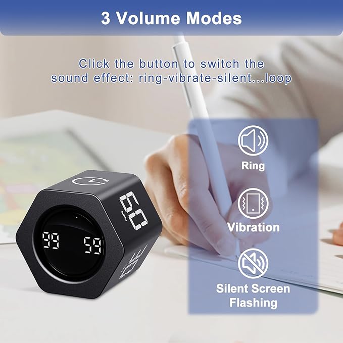 GuDoQi Rotating Pomodoro Timer 1 5 10 30 60 Min Preset, Hexagon ADHD Flip ProductivityTimer Tool Pause, Vibration, Mute, Adjustable Sound Alert for Work, Study, Back to School, Kitchen, Black