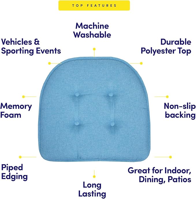 Sweet Home Collection Chair Cushion Memory Foam Pads Tufted Slip Non Skid Rubber Back U-Shaped 17" x 16" Seat Cover, 6 Count (Pack of 1), Turquoise