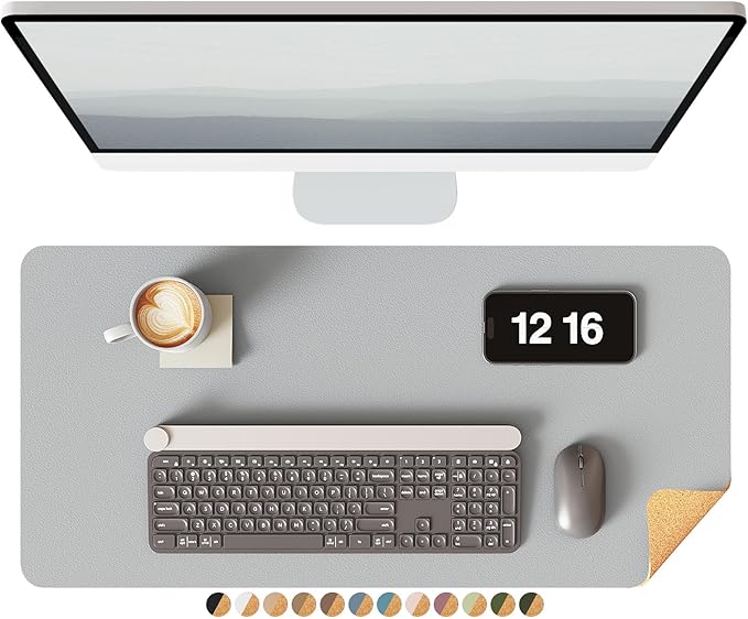 YSAGi Leather Desk Mat, Eco Cork Mat, Large Mouse Pad, Waterproof Blotter - 23.6"x13.7", Grey+Cork