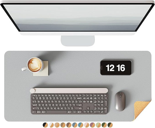 YSAGi Leather Desk Mat, Eco Cork Mat, Large Mouse Pad, Waterproof Blotter - 23.6"x13.7", Grey+Cork