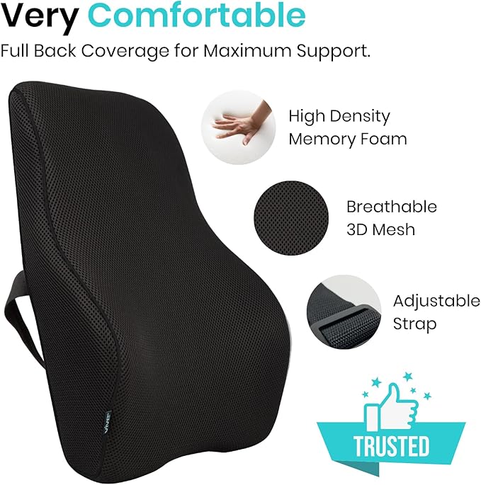 Vive Full Lumbar Pillow - Memory Foam Contour Support Cushion for Lower Back Pain - Muscle Strain, Sciatica, Arthritis, Osteoporosis, Scoliosis, Kyphosis, Bulging or Herniated Disc - Improve Posture