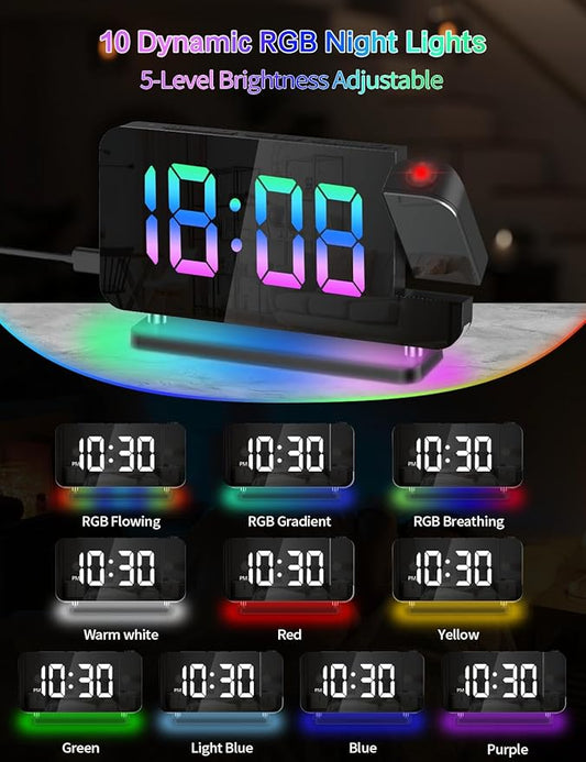 Projection Alarm Clock, Digital Colorful Clock with 180° Rotatable Projector, Mirror Clocks with RGB Night Light,Snooze,12/24H, Dual Charger Port, Auto Dimmer, LED Desk Clock for Bedroom
