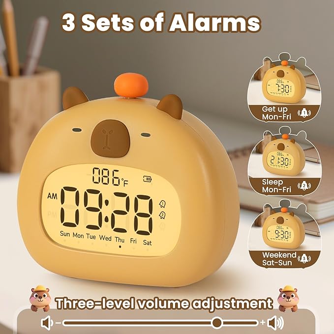 Capybara Alarm Clock with Night Light for Kids – Cute Digital Sleep Trainer with LED Display, 3 Alarms, Countdown Timer, Adjustable Brightness – Rechargeable Bedside Clock for Boys and Girls