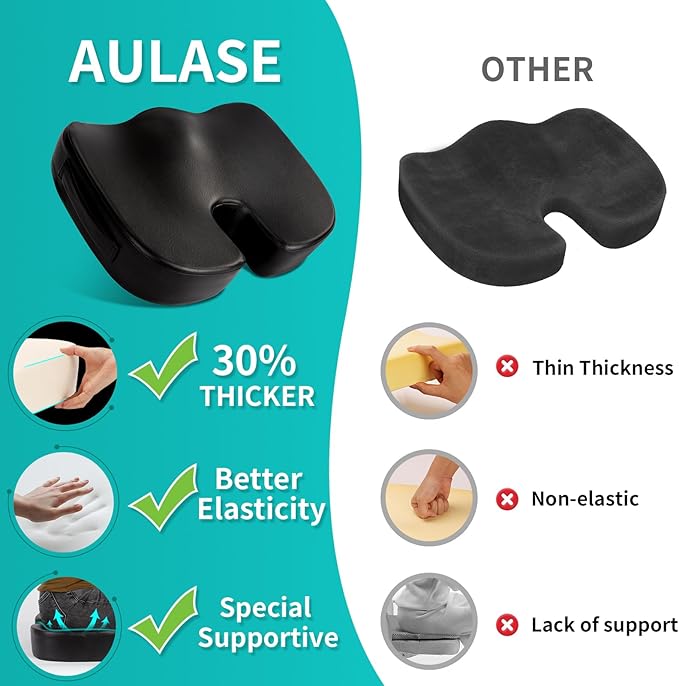 Luxury Seat Cushion, 4 Inch Extra Thick Memory Foam for Pressure Relief, Sciatica, Tailbone Pain & Back Pain Relief, Multi-Use for Bleachers, Car, Gaming, Office Chair (Black)