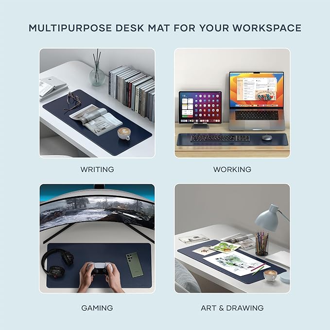 Satechi Vegan Leather Desk Mat, Large Mouse Pad Scratch and Water Resistant, Easy to Clean, Desk Pad for Office and Home, 26.8” x 12.4” x 0.1” - Blue