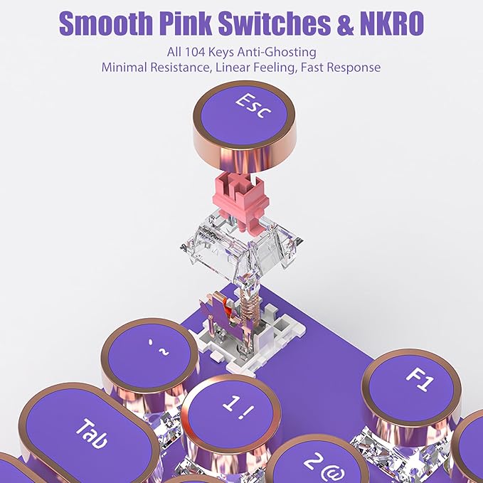 Typewriter Style Mechanical Gaming Keyboard White LED Backlit 104-Key NKRO Pink Switches Retro Round Keycaps Golden Ring Volume Knob Metal Panel Wired USB-C Detachable Cable, Purple
