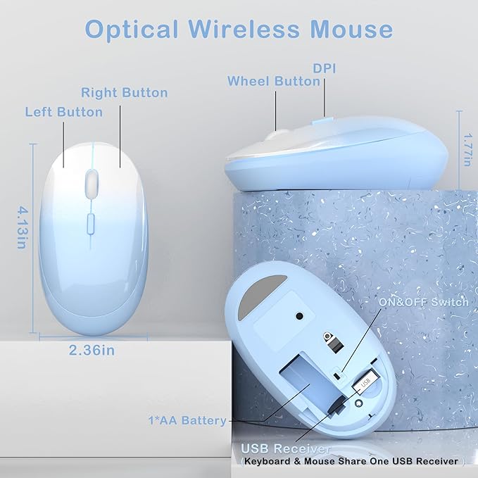 Colorful Wireless Keyboard and Mouse Combo, COVEVA 2.4GHz Wireless Retro Cute Round Keycaps Keyboard, 104 Keys Full-Sized Keyboard Mouse Set with Switch Button for PC Laptop Desktop (Blue Gradient)