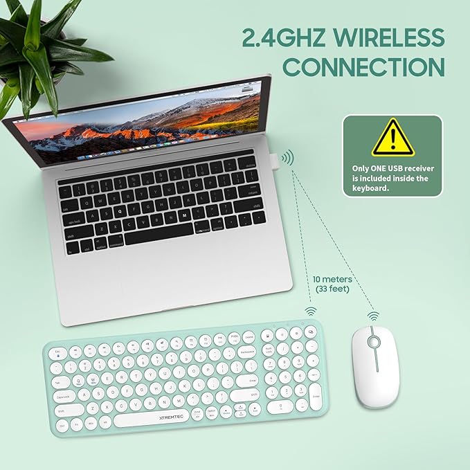 Wireless Keyboard and Mouse Combo, XTREMTEC Cute Kawaii Green Aesthetic Quiet Laptop Keyboard Teclado y Mouse Inalambrico Mac (Macaron Green)