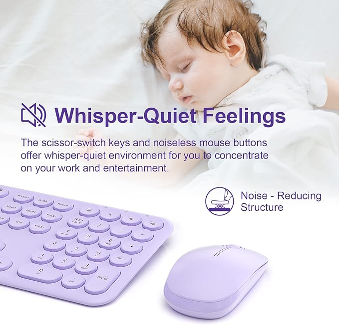 Cute Keyboard and Mouse Wireless for PC Computer/Laptop/Windows/Mac/Tablets, Ultra-Thin 2.4GHz USB Cordless Full-Sized Silent Retro Computer Keyboard Mouse Combo (Purple)
