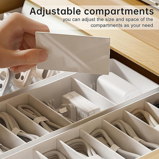 2 Pcs Cable Organizer Box with Wire Ties, Plastic Cord Charger Storage Box with 8 Compartments, Electronics and Home Office Desk Drawer Stationery Organizer, Stackable, White