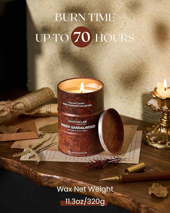 M&SENSE Amber Sandalwood Scented Candles Natural Non Toxic, Aromatherapy Candle for Stress Relief Meditation Relaxing, Housewarming Gifts for Women Men, 11.3oz 70 Hour Long Burning
