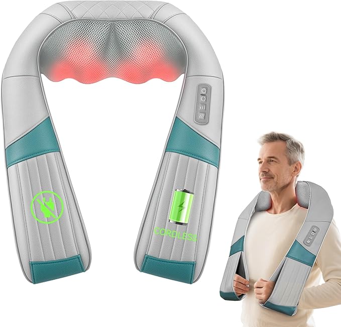 Cordless Neck Massager with Heat, Rechargeable Shiatsu Neck Back Massager for Pain Relief Deep Tissue, 4D Knead Shoulder Massager Pillow, with Portable Carry Bag, Gifts/Presents for Mom, Dad