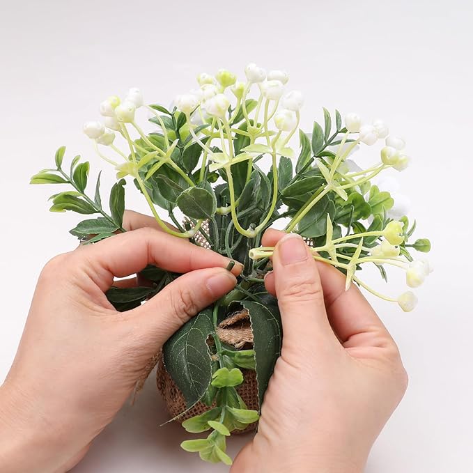 Artificial Flower Decoration mini Fake Plants Indoor Cute Small Faux Eucalyptus for House Home Living Room Bathroom Table Desk Office Hotel Spring Decor 4 Kinds of Flowers