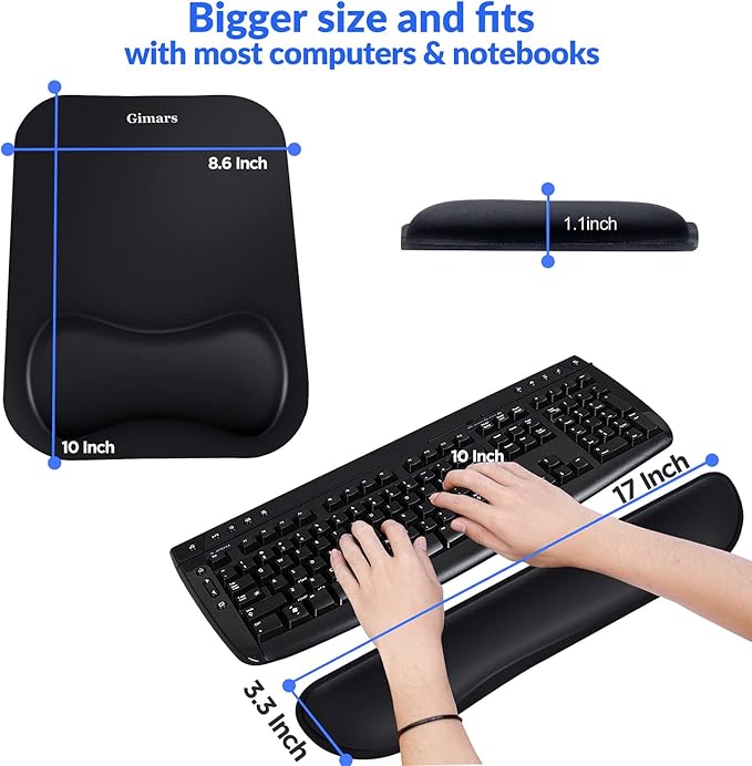 Gimars Elongate Smooth Lycra Fabric Ergonomic Mouse Pad Wrist Support, Gel Memory Foam Cushion Set Keyboard Wrist Rest Support, Pain Relieve for Computer, Laptop, Office, School, Home, Gaming, Black