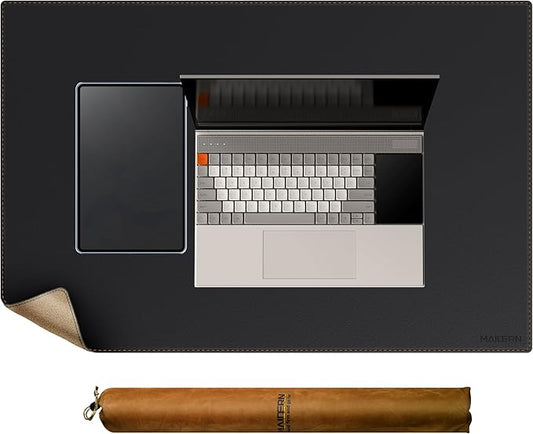 MAIDERN Leather Desk Mat, 31.5” x 24” Reversible Large Desk Pad Mat, Cork & Leather Large Mouse pad for Desk, Waterproof Computer Desk Mat for Gaming Home Office (Black)