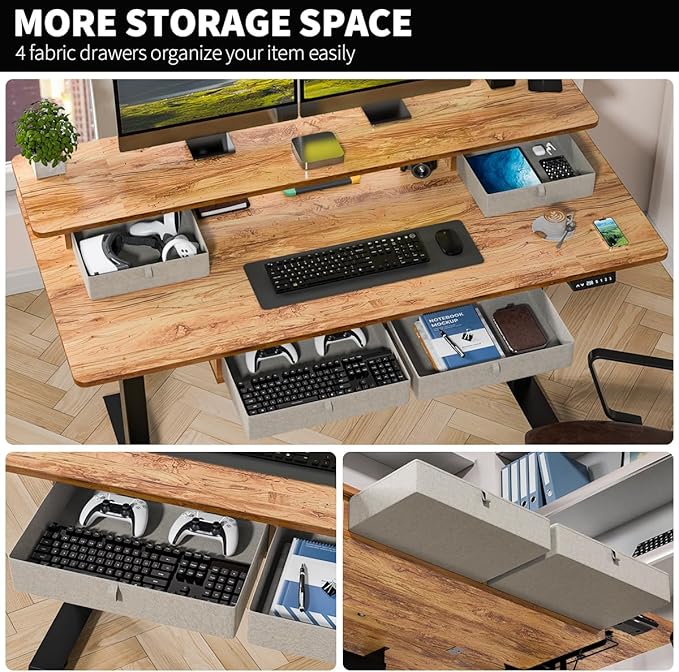 Standing Desk with Fast Charging USB Ports, 55" x 30" Height Adjustable Home Office & Gaming Desk, Sit Stand Desk with Built-in Storage Shelf, Hook & Ergonomic Design(Light Rustic)