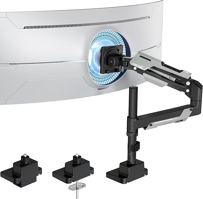 ARES WING Single Monitor Mount, Ultrawide Monitor Arm for 24 to 57 Inch Heavy Duty Curved Screen, Adjustable Gas Spring Monitors Arm Stand up to 66LBS with 75/100/200 Vesa Mount, Black