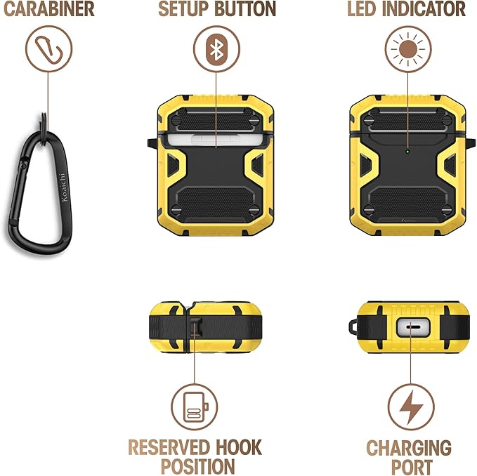 Koaichi Compatible with AirPods Case, Full-Body Rugged Hard Shell Protective Case Cover with Keychain Designed for AirPods 1st & 2nd, Black/Yellow