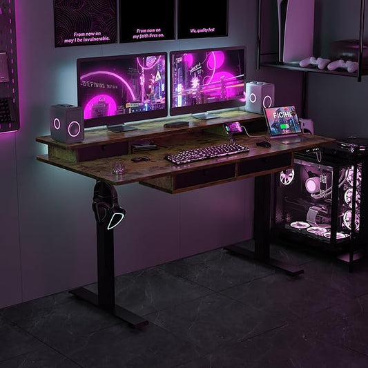 Adjustable Height Standing Desk with 4 Drawers & Wheels,63 x 30 inches Electric Sit Stand Home Office Desk with Two Tiers, 3 Memory Presets, Monitor Stand Riser, USB A/C Charging Port