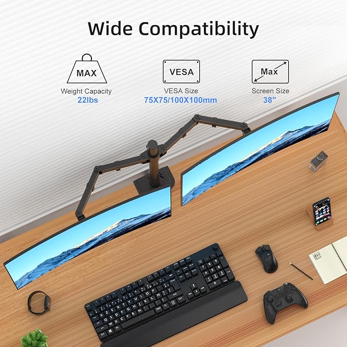 Suptek Dual Monitor Arm Desk Mount,Ultrawide Dual Monitor Arm for 2 Monitor Screens up to 38 inches and Max 22lbs Each,Extra Tall 15.75" Pole Fully Adjustable Monitor Stand for Desk,Black(MD9442MB)