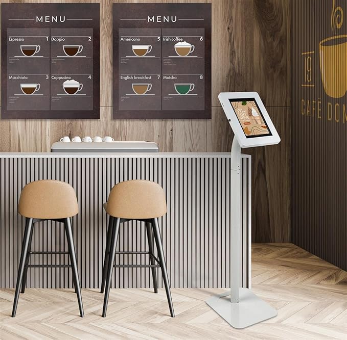 Displays2go Adjustable 10 Inch Tablet Stand for Floor or Countertop Placement – White (IPEVRFLWH2)