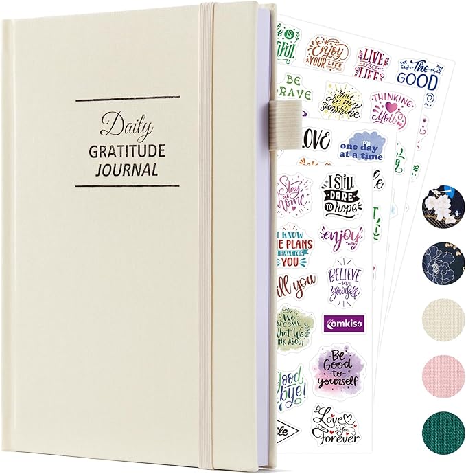 Gratitude Journal with 4 Inspirational Stickers: Undated Daily Gratitude Journal for Women and Men - More Happiness, Affirmation, and Mindfulness in A Few Minutes with Prompts & Quotes (Beige)