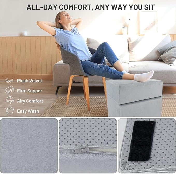 Ergonomic Under Desk Foot Rest & Stool for Work - 3D Adjustable Stackable Footrest w/Detachable Base, High-Density Support & Washable Cover for Office/Gaming/Travel (17×11×17in, Gray)