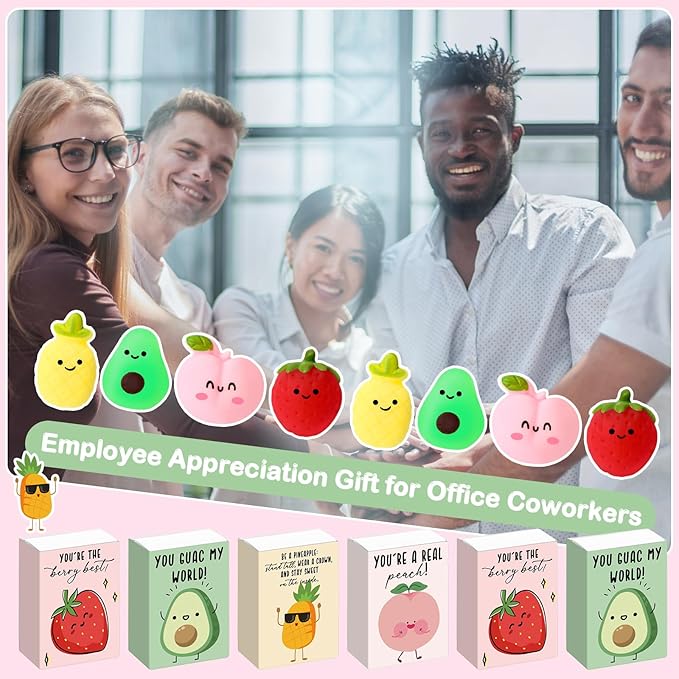 Wettarn 24 Sets Appreciation Fruit Gifts Cute Stress Balls with Support Gift Boxes Inspirational Party Favors for Employee Coworker Friends Office Positive Relief Toys