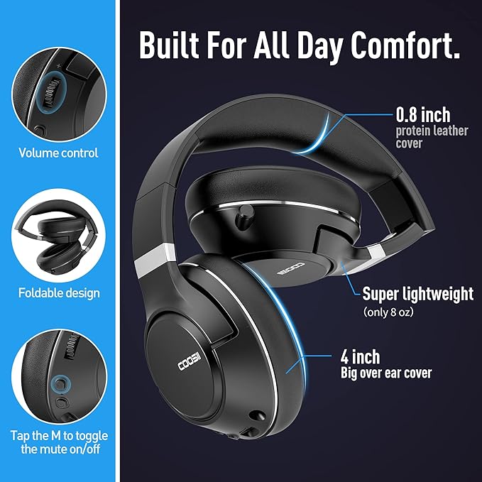 Wireless Bluetooth Headsets with Microphone for Computer, Headphone Foldable Over Ear Soft 40H with Retractable Mic, USB Dongle for PS5 PS4 PC Cellphone Laptop