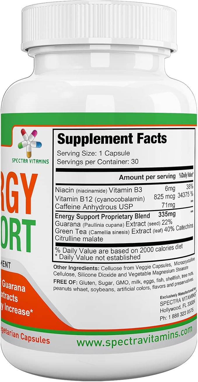 Spectra Vitamins Natural Energy Support 30 Capsules - Guarana Capsules - Vitamin B12 - Guarana and Green Tea Extracts - Citrulline Energy Supplements with Natural Energy Booster