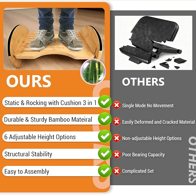 Bamboo Foot Rest for Under Desk at Work - 3-in-1 Reversible Rocking Desk Footrest with Foam Cushion Pad and 6 Adjustable Heights, Ergonomic Foot Rest with Washable Cover for Home, Office and Gaming