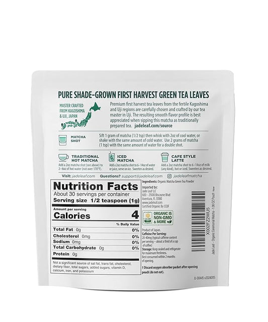 Jade Leaf Matcha Organic Ceremonial Green Tea Powder - Teahouse Edition - Premium First Harvest Ceremonial Grade- Authentic Japanese Origin (1.06 Ounce Pouch)